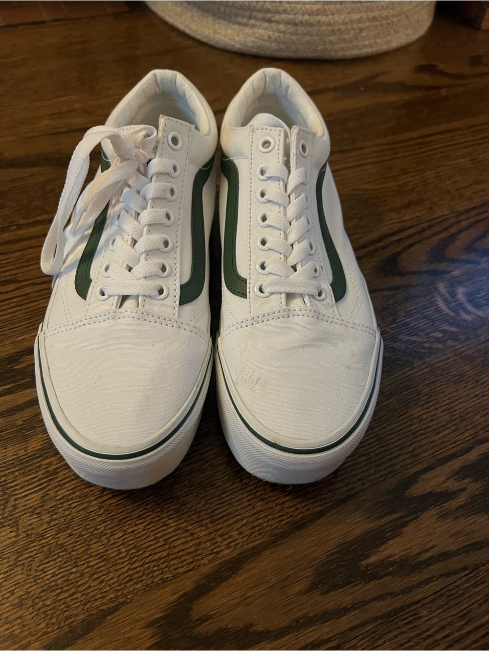 Vans White Low-Top Platform Sneakers with Green Stripe - Picture 7 of 10